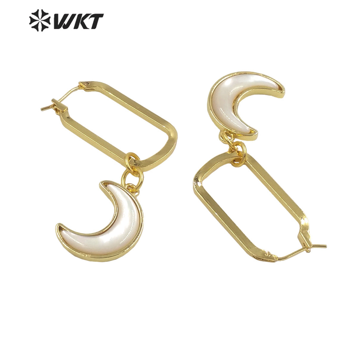 WT-MPE083 Wholesale White MOP Design Natural Crescent Moon Earrings Big Hoop Earrings with Moon Charms Crescent Horn Earrings