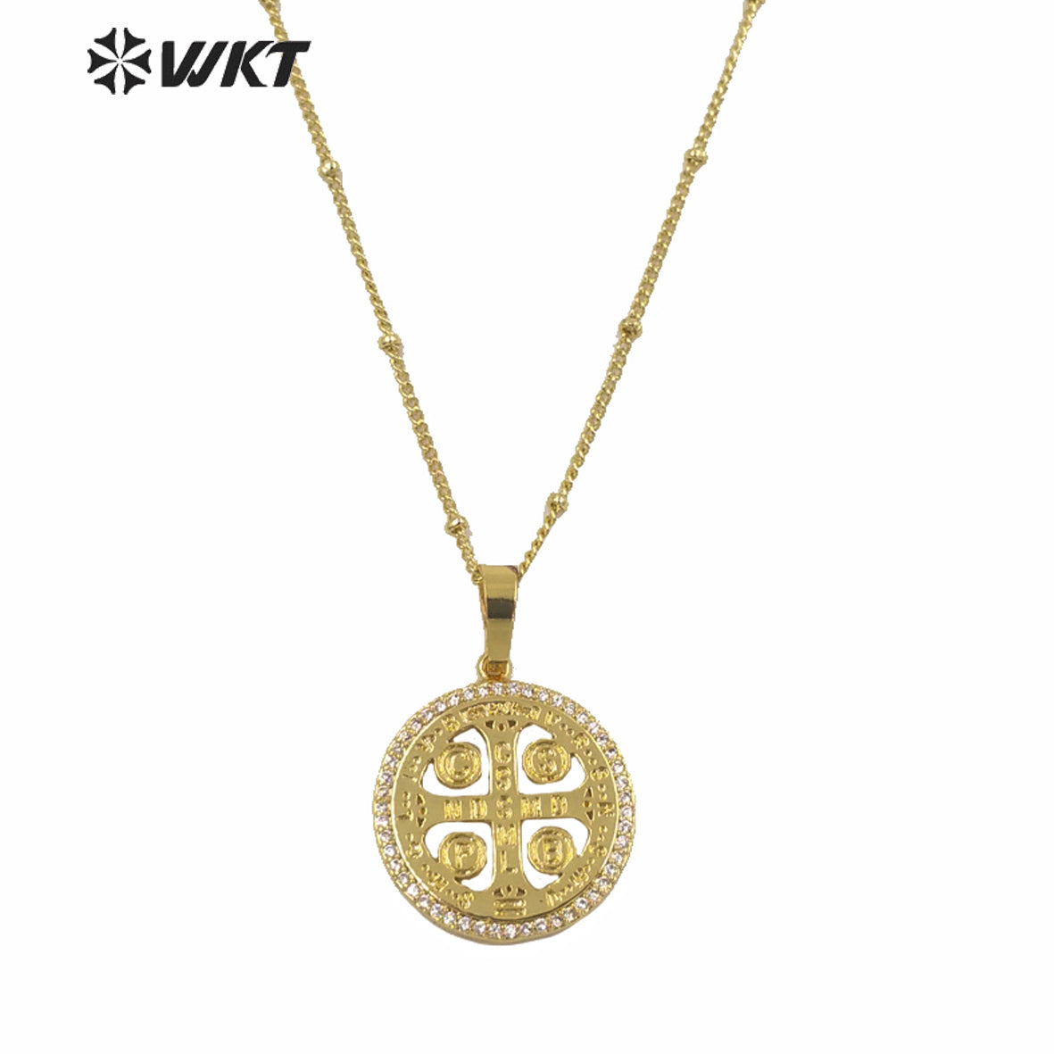 WT-MN969 Wholesale Fashion Gold Electroplated Religious Metal Cross Necklace with Zircon Setting Around Round Christian Cross