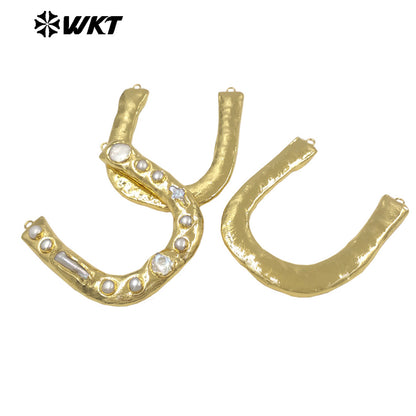 WT-PC013 Wholesale Back Full Gold Plated Natural Freshwater Pearl U Letter Shape Big Connectors As DIY Jewelry Accessories