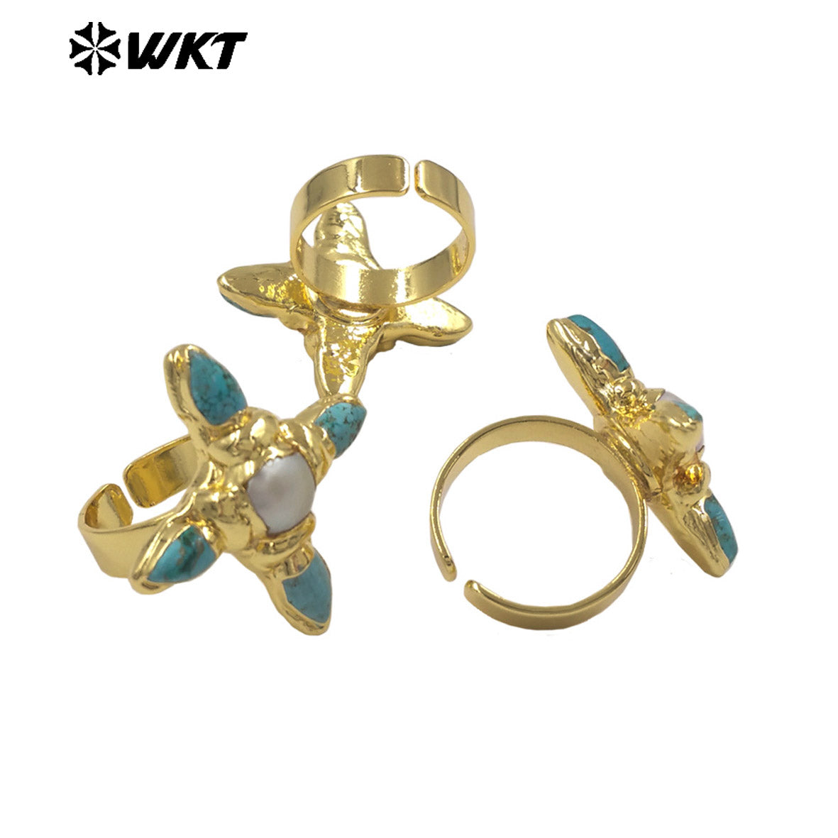 WT-MPR162 Exclusive Design Gold Plated Natural Turquoise And Pearl Cross Rings For Female Dance Party Wearing Accessory