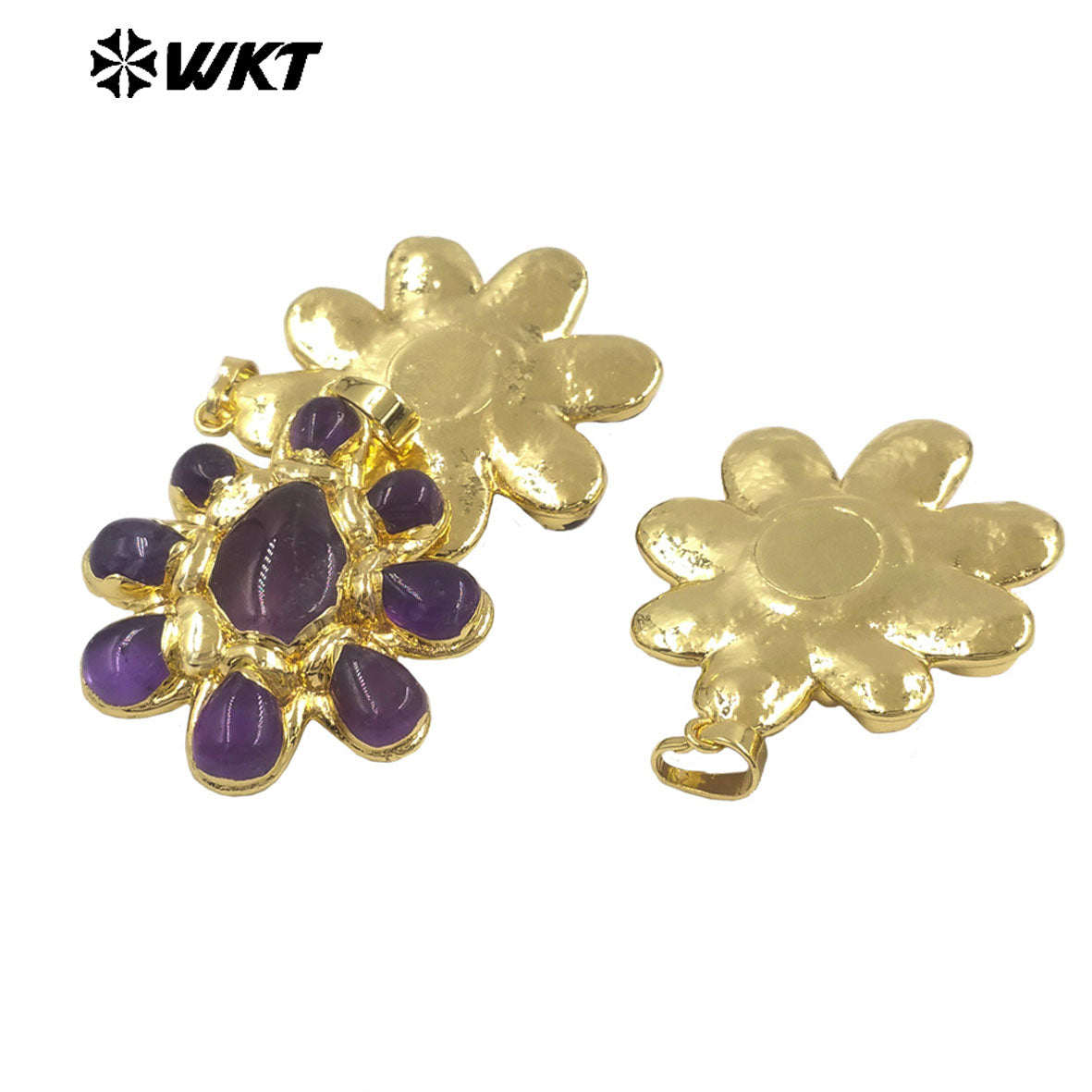 WT-P2085 Exclusive Charms Back Full Gold Plated Various Natural Gemstones Flower Big Pendants For Elegant Necklace Making