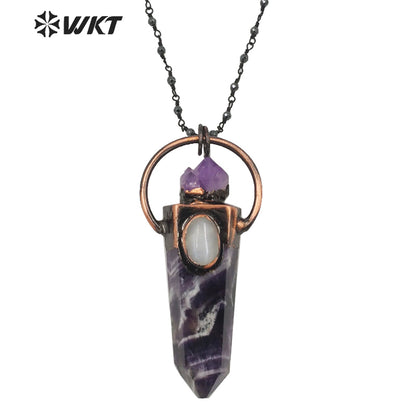 WT-N1264 WOMEN Antique Copper Plated Natural Amethyst Stone Necklace Fashion Energy Stone Point Amethyst Lucky Necklace