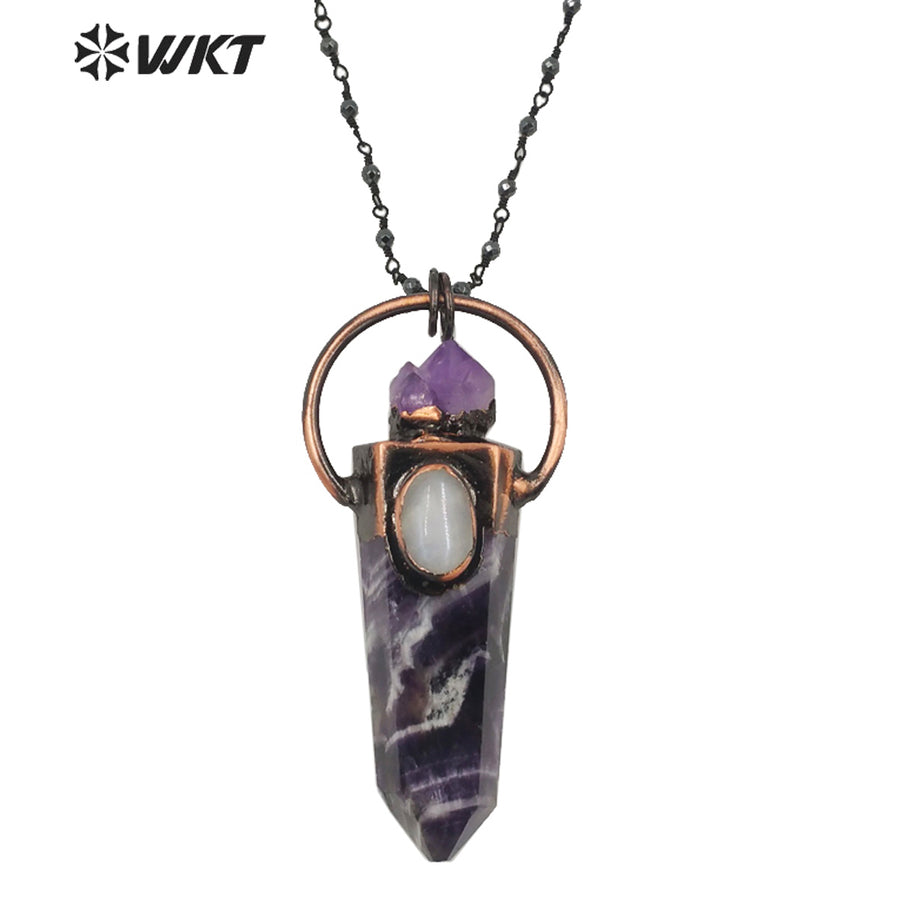 WT-N1264 WOMEN Antique Copper Plated Natural Amethyst Stone Necklace Fashion Energy Stone Point Amethyst Lucky Necklace