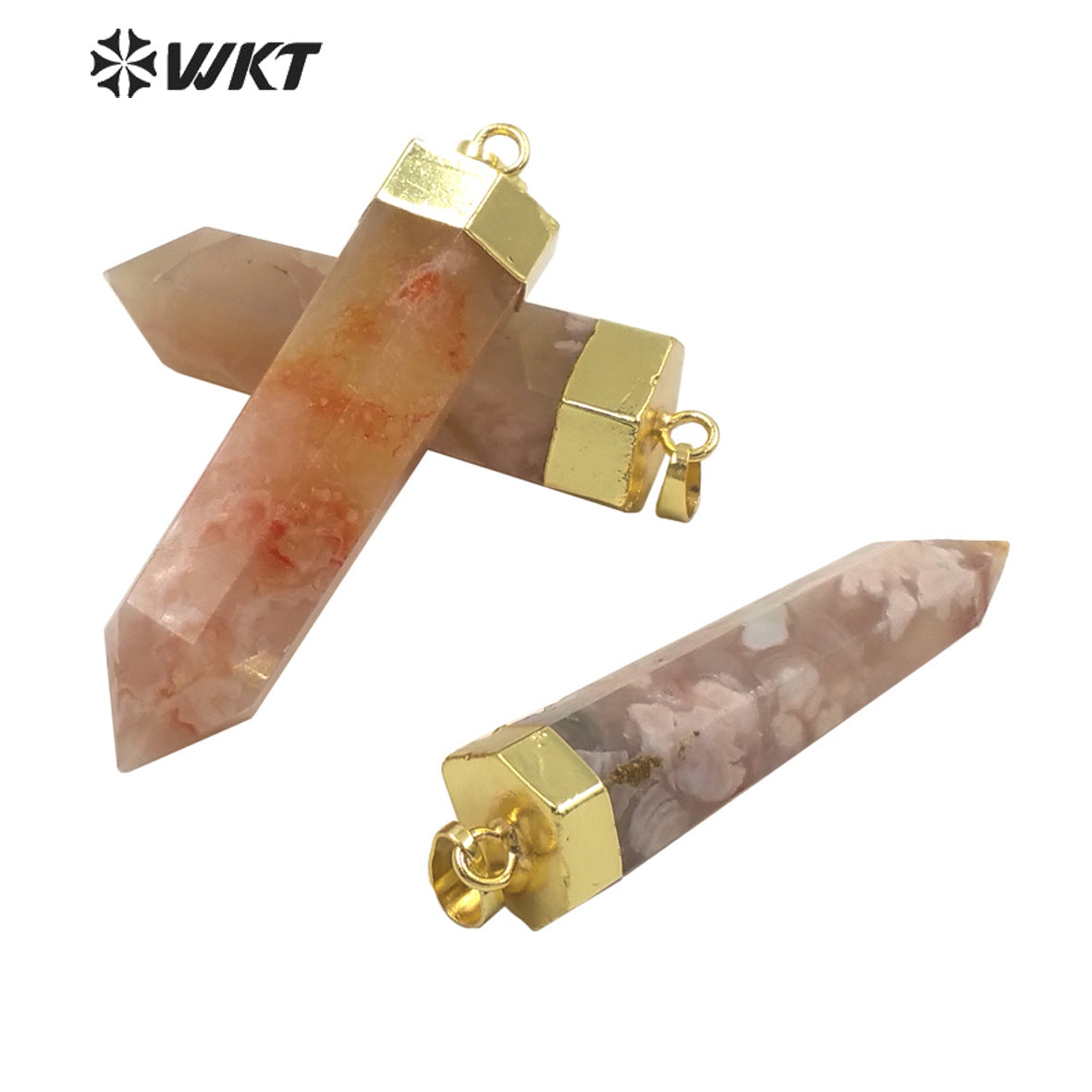 WT-P1639 WKT New Natural Long Spirit Quartz Point Cherry Agate Stone Jewelry Pendant 18k Gold Plated Hexagonal Point Pendant