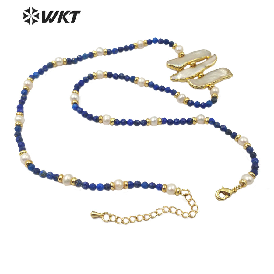 WT-JN104 Newest Natural Pearl Necklace 3mm Lapis Beads 4mm Pearl Beads Themed Pendant in Randomly Shape Fashion Charm Necklace