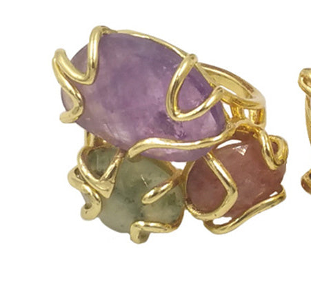 WT-R417 WKT NEW Design Gorgeous Triple Natural Gemstone Claw Setting Stone Ring Women Adjustable Precious Colorful Gold Ring
