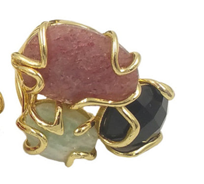 WT-R417 WKT NEW Design Gorgeous Triple Natural Gemstone Claw Setting Stone Ring Women Adjustable Precious Colorful Gold Ring