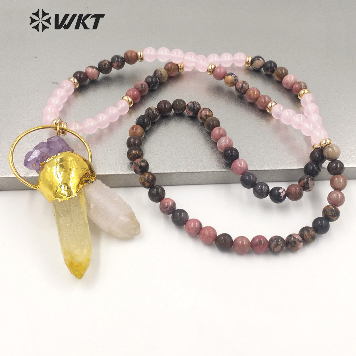 WT-N1340 WKT Natural Special Irregular Cluster Quartz Pendant Necklace With Colored Beads Big Wedding Party Necklace Jewelry