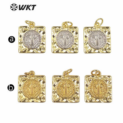 WT-MP193 Wholesale Populared Gold Electroplated square Shape Medals for Jewelry Making Jesus's Father Image Pendant