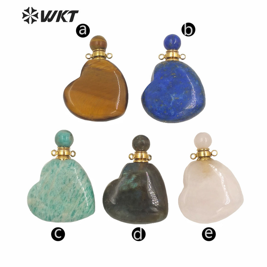 WT-P1604 Wholesale Gorgeous Unique Natural Stone Heart Perfume Bottle Pendant Double Loops Gold Stone Bottle Pendant