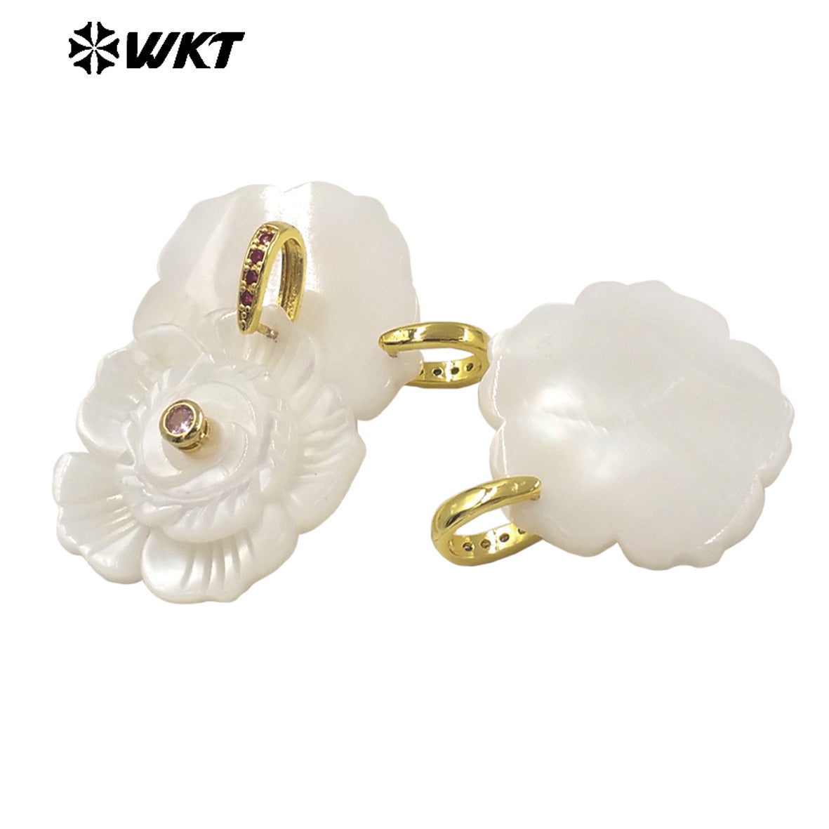 WT-JP476 Exquisite Elegant Design White Shell And Zircon Hand Carved Flower Shape Little Pendants As Lady Earrings DIY Findings