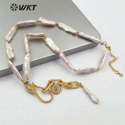 WT-JN110 New Exclusive Design Pearl Chain and Micro Pave Charm Necklace Lady New Fashion Jewelry Natural Pearl Necklace