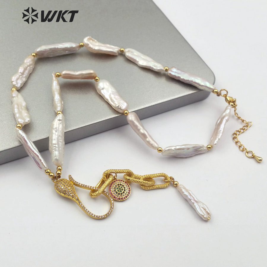 WT-JN110 New Exclusive Design Pearl Chain and Micro Pave Charm Necklace Lady New Fashion Jewelry Natural Pearl Necklace