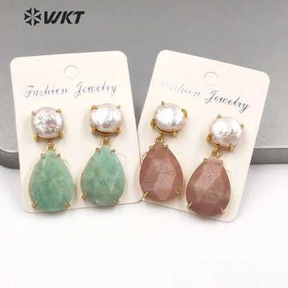 WT-E696 Amazing the Royal Nobility Gorgeous Design Women Natural Gemstone Teardrop Earrings with Pearl Studs in Resist Gold