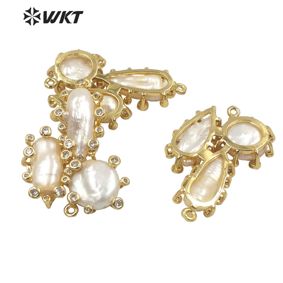 WT-JP310 Triple Irregular Freshwater Pearl Pendants Precious Micro Pave CZ Setting White Pearl Pendant for Jewelry Necklace