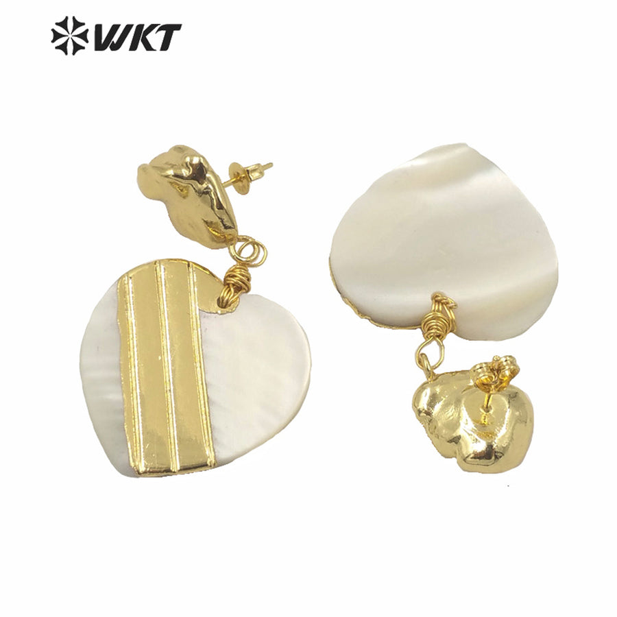 WT-MPE043 WKT Amazing Gold Electroplated Resist Tarnishable White Heart Shell Earrings Women Fashion Gold Wedding Earrings