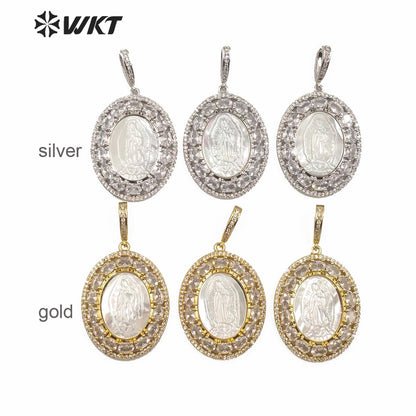 MP142 Wholesale the Virgin Mary Pendant CZ Stone With Natural Shell Pendant Lady Charm Jewelry Virgin Mary Shell Pendant