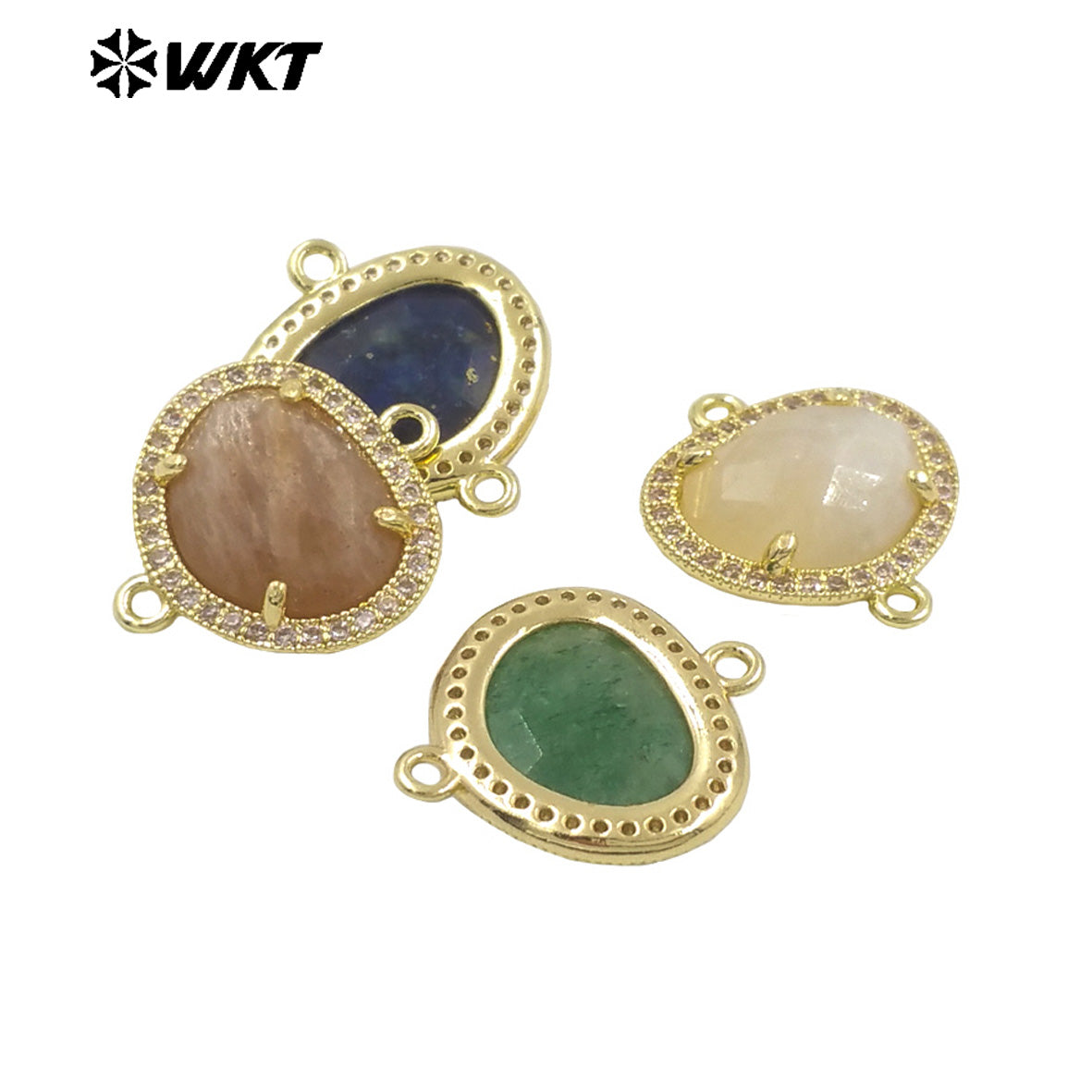 WT-C335 High Quality Wholesale Small Zircon Round MultiVariety Natural Gemstone Necklace Pendant Connector Double Hoop for Women