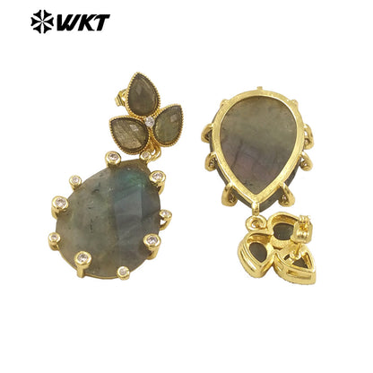 WT-E756 Gorgeous Precious Natural Amazonite Amethyst Gemstone Carved Long Teardrop Earrings With Zircon Around Trend Style