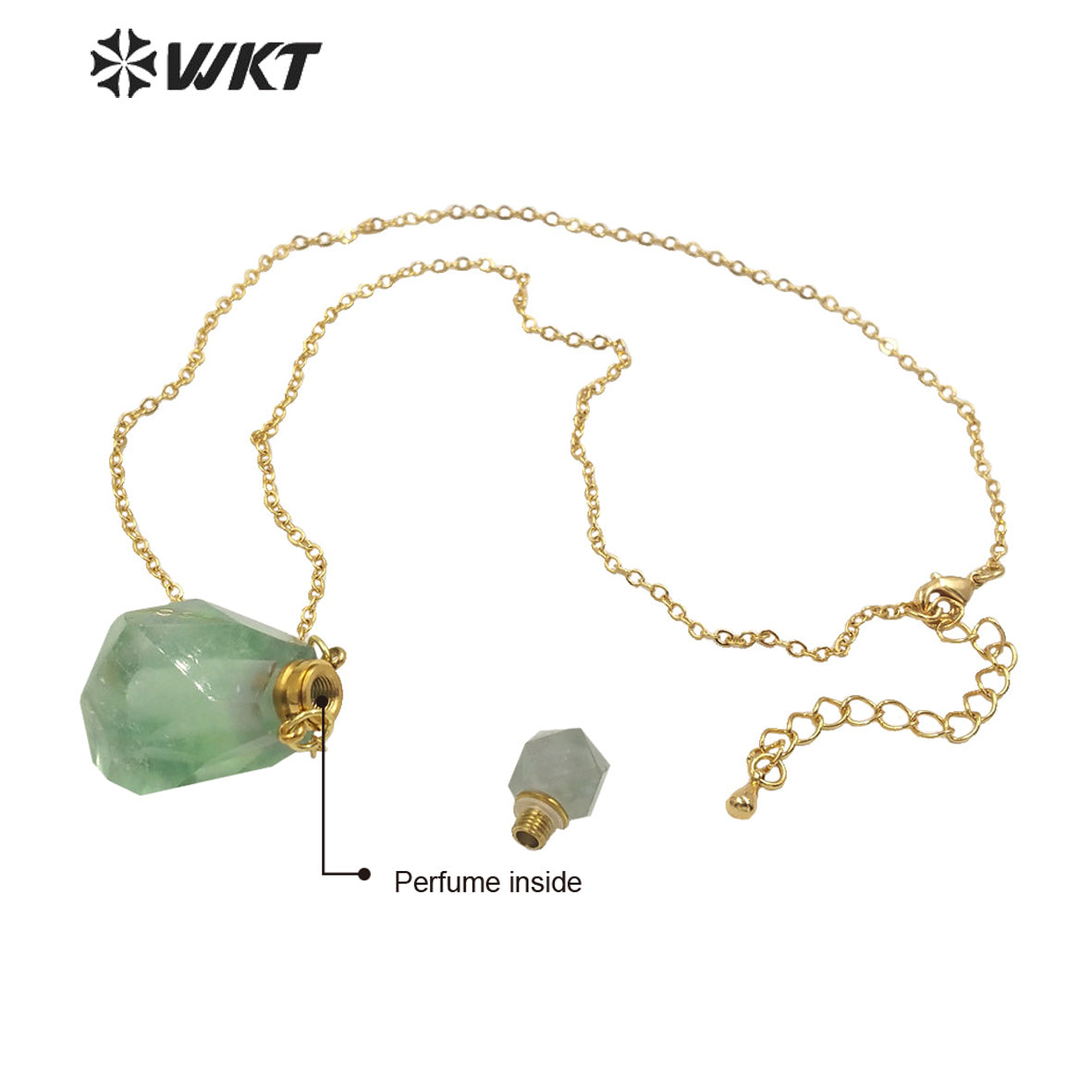 WT-N1312 Wholesale Fashion Gold Stainless Steel Handmade Cab Chon Natural Raw Fluorite Stone Perfume Bottle Necklace for Women