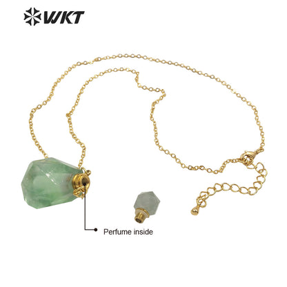 WT-N1312 Wholesale Fashion Gold Stainless Steel Handmade Cab Chon Natural Raw Fluorite Stone Perfume Bottle Necklace for Women