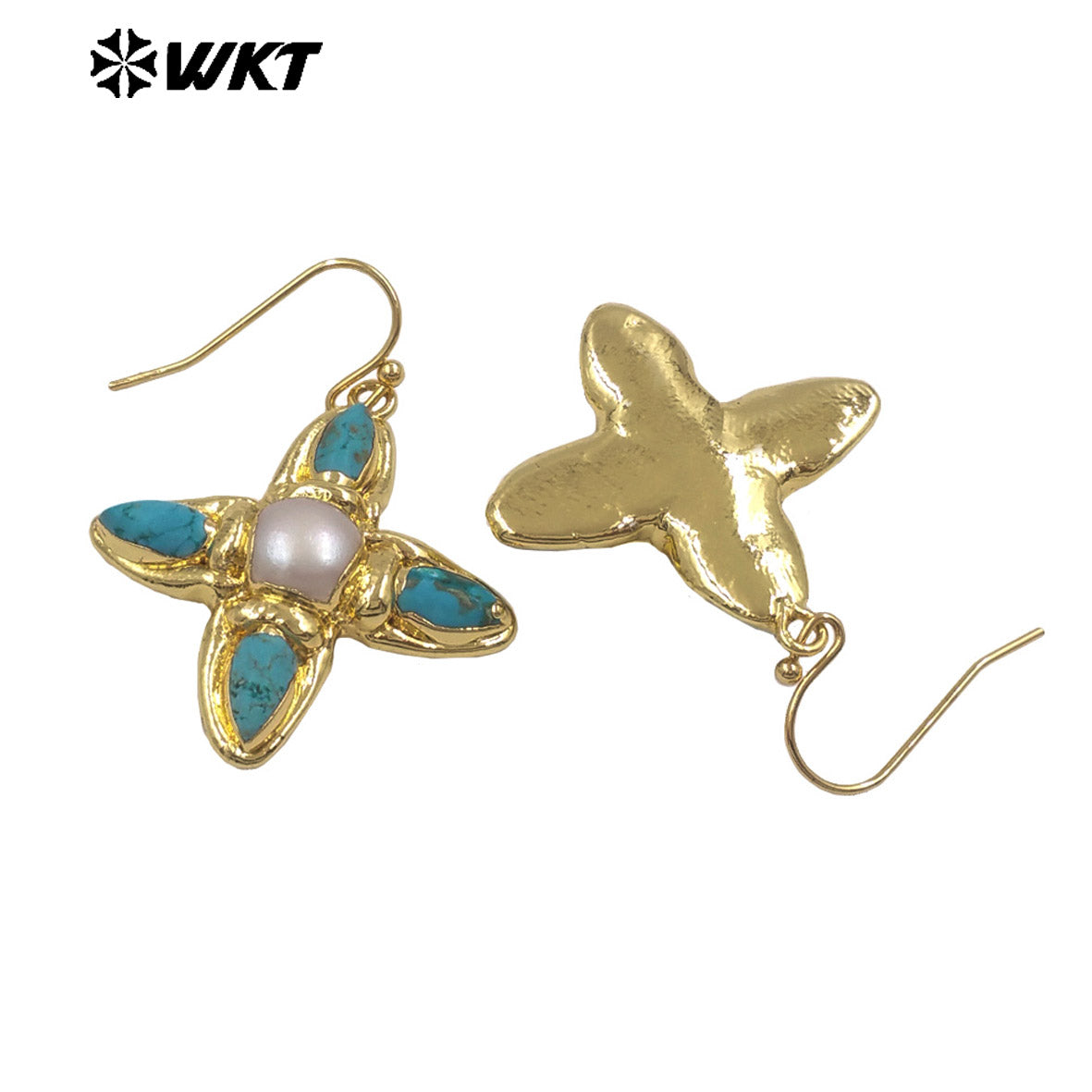 WT-E803 Exclusive Design Back Full Gold Plated Protruding Natural Turquoise And Pearl Cross Earrings As Unique Jewelry Accessory