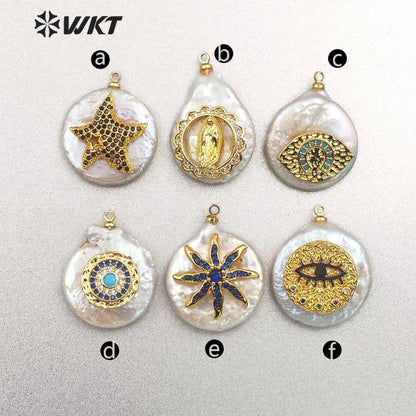 MP131 Wholesale Populared Starfish Multi-pattern Pearl with Cz Micro Pave Pendant Women Fashion Jewelry Circular Pearl Pendant