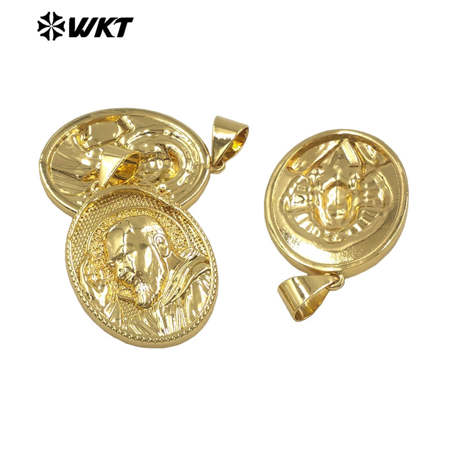 JFE146 High Quality Oval Shape Yellow Brass With Gold Plated Christian Religious Pendant Carved DIY Accessories