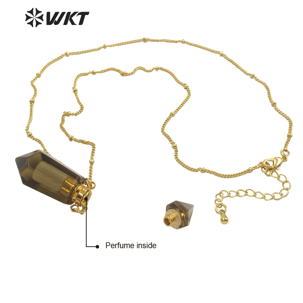 WT-N1284 Fashion Gold Plated Double Loops Natural Spirit Quartz Point Stone Perfume Bottle Necklace or Essencial Oil Necklace
