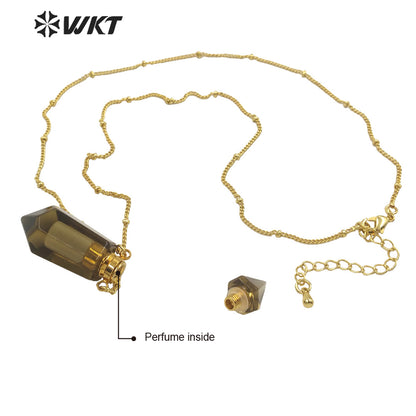 WT-N1284 Fashion Gold Plated Double Loops Natural Spirit Quartz Point Stone Perfume Bottle Necklace or Essencial Oil Necklace