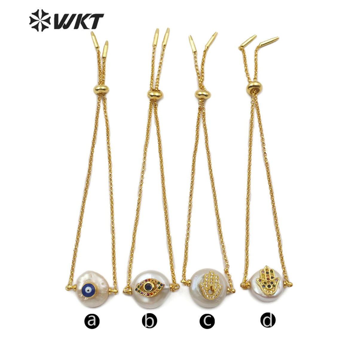WT-MB111 Wholesale Pearl Gold Bracelet Pearl With CZ Stone Pave Eye Pattern and Hand Pattern Fashion Charm Bracelet