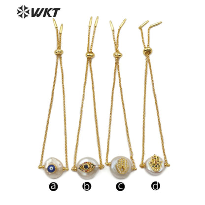 WT-MB111 Wholesale Pearl Gold Bracelet Pearl With CZ Stone Pave Eye Pattern and Hand Pattern Fashion Charm Bracelet