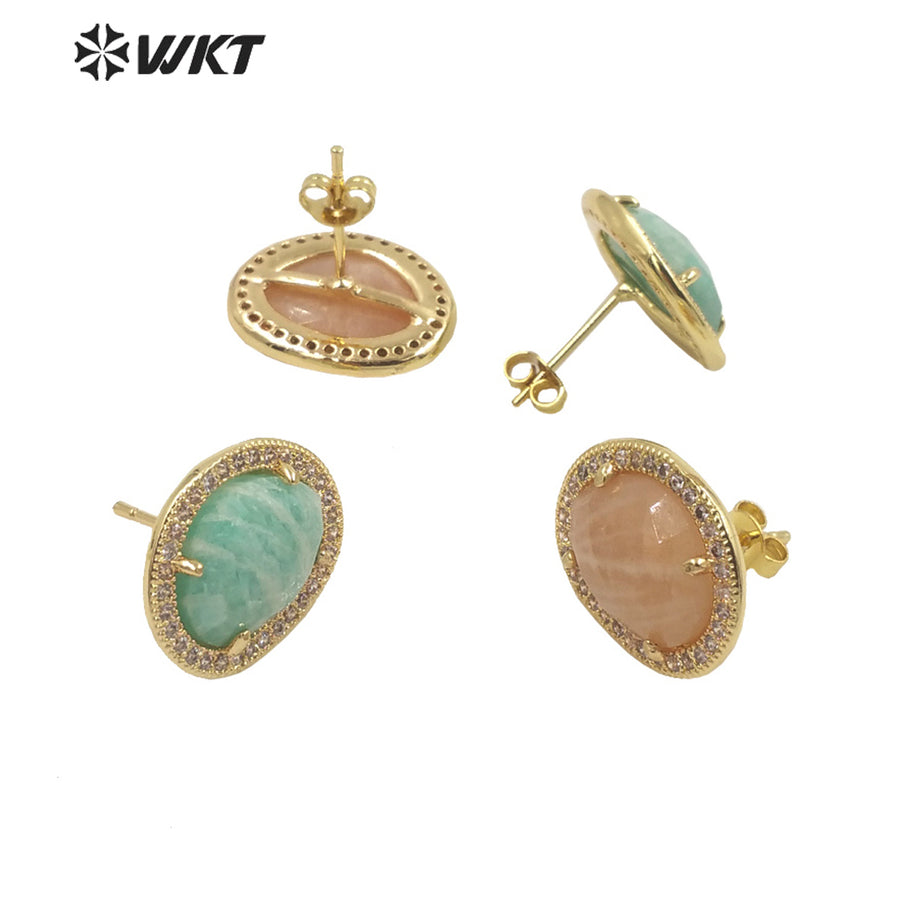 WT-ME085 WKT Natural Gemstone With Micropaved Cubic Zircon Studs Precious Birthday Stone Studs for Friend Gift