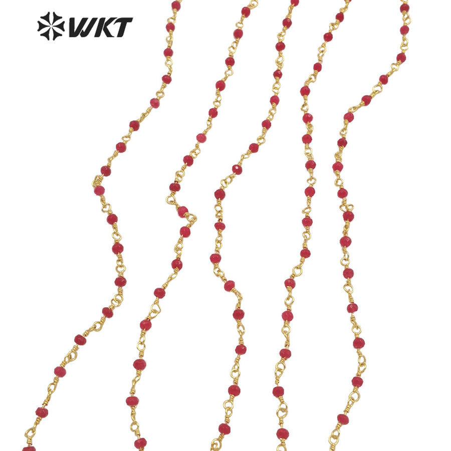WT-RBC193 New Hot Color Fashion 18k Real Gold Plated Resist Tarnishable Red Jade Beads Chain Women Jewelry Finding Stone Chain