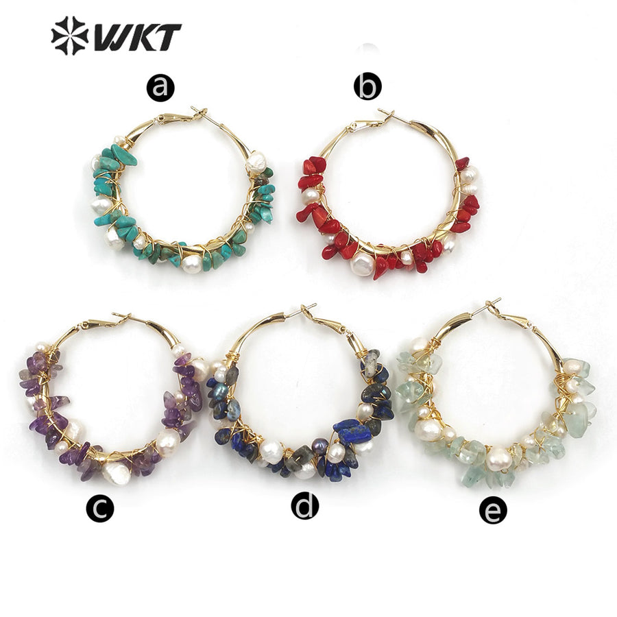 WT-E607 New Exclusive Design Gravel Stone Pearl Earring Multiple Color Selection Women Fashion Gravel Stone Earring