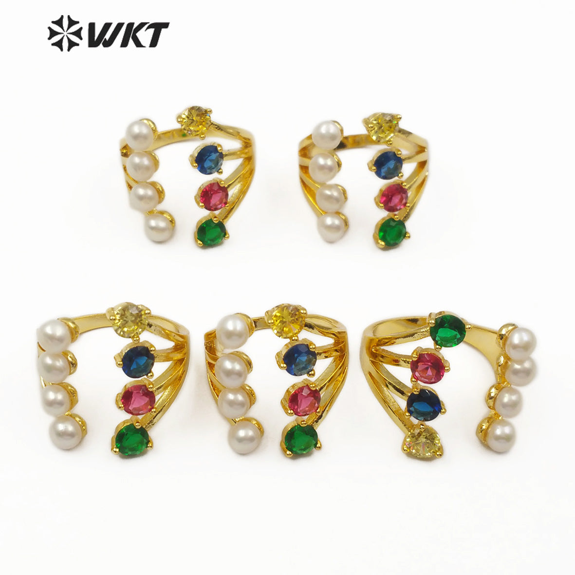 WT-MR005 Wholesale New Design Fashion Four Freshwater Pearls and Four Red Yellow Blue Green Cubic Zircon Ring Multicolor Ring
