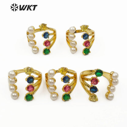WT-MR005 Wholesale New Design Fashion Four Freshwater Pearls and Four Red Yellow Blue Green Cubic Zircon Ring Multicolor Ring