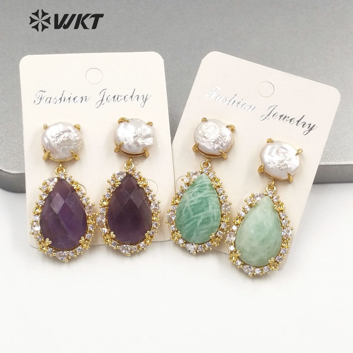WT-E698 Unique Micropaved Gold Bezel Cubic Zircon Natural Teardrop Stone Pearl Earrings Gorgeous Drop Turquoise Stud Earrings