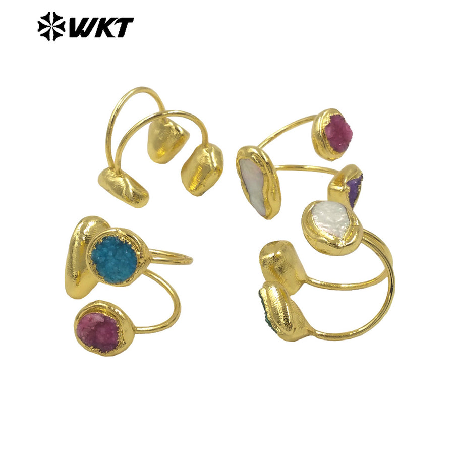 WT-MPR117 New Product Special 18K Gold Plated Pearl Druzy Quartz Triangle Diamond Ring for Men and Women As Daily Decoration