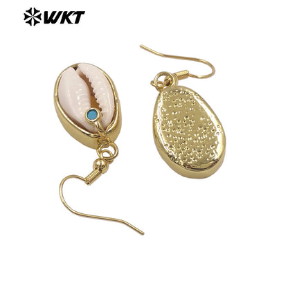 WT-MPE178 Beautiful Bohemia Style Gold Plated Natural Cowrie Shell With Little Stone Earrings For Women Vacation Wear Jewelry
