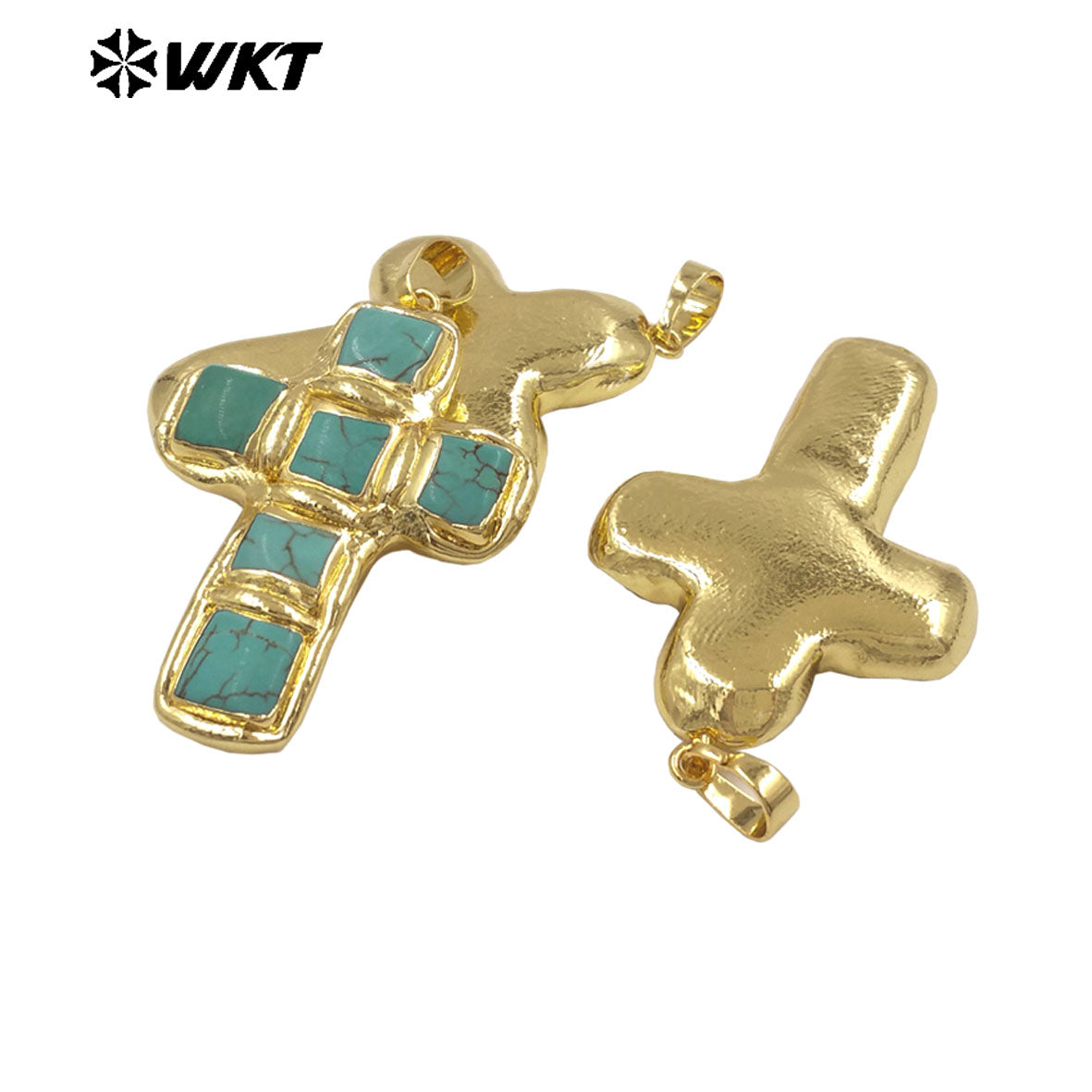 WT-P2037 Newest Religious Style Gold Plated Square Six Natural Turquoise Stones Cross Pendants For Handmade Fashion Gifts
