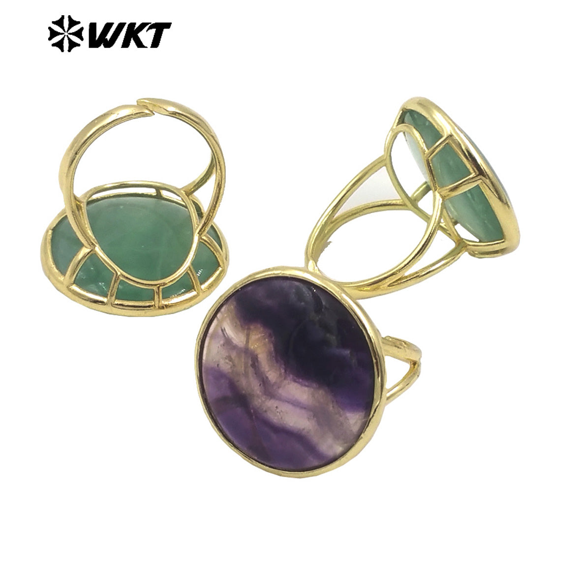 WT-R511 Newest Rainbow Fashion Gold Plated Big Round Fluorite Stone Annevisary Ring for Women