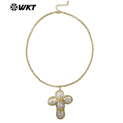 WT-JN349 Trendy 18K Gold Plated Tiny Square Chain Round Natural Freshwater Pearl Cross Pendant Necklace For Women Party Wearing
