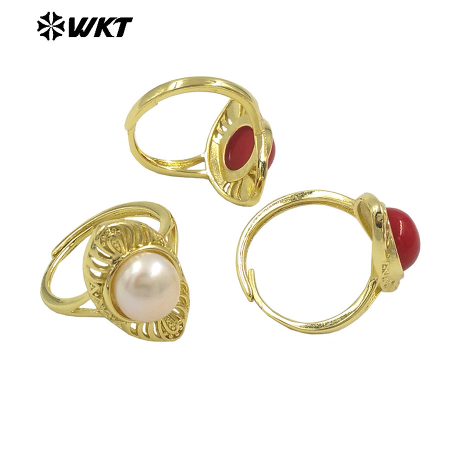 WT-MPR107 New Wholesale Women Gold Plated Adjustable Size Natural Pearl and Red Coral Ring Party Jewelry