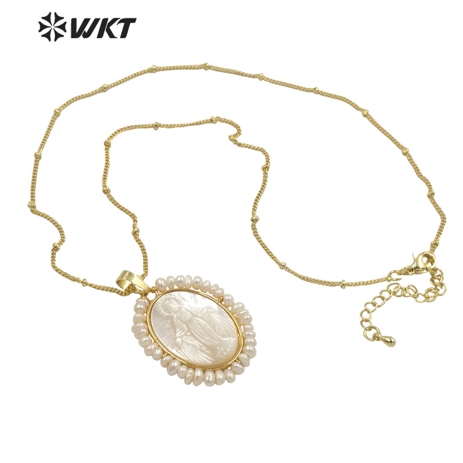 WT-JN156 Newest Charming Tiny Pear Handmade Wire Wrapped Gold Bezel Virgin Mary Shell Necklace Religious White Shell Necklace
