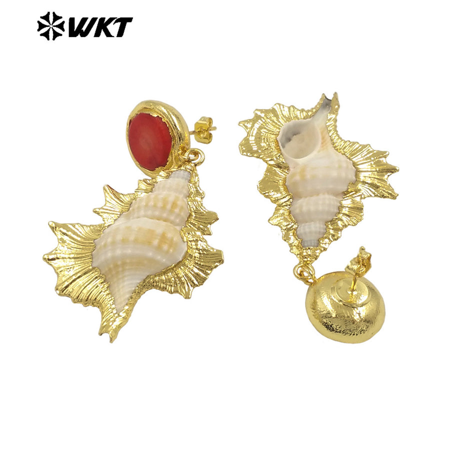 WT-MPE140 New Arrivals Fashion Unique Design 18K Gold Plated Red Coral Shell Trumpet Earrings Jewelry for Women As Special Gift