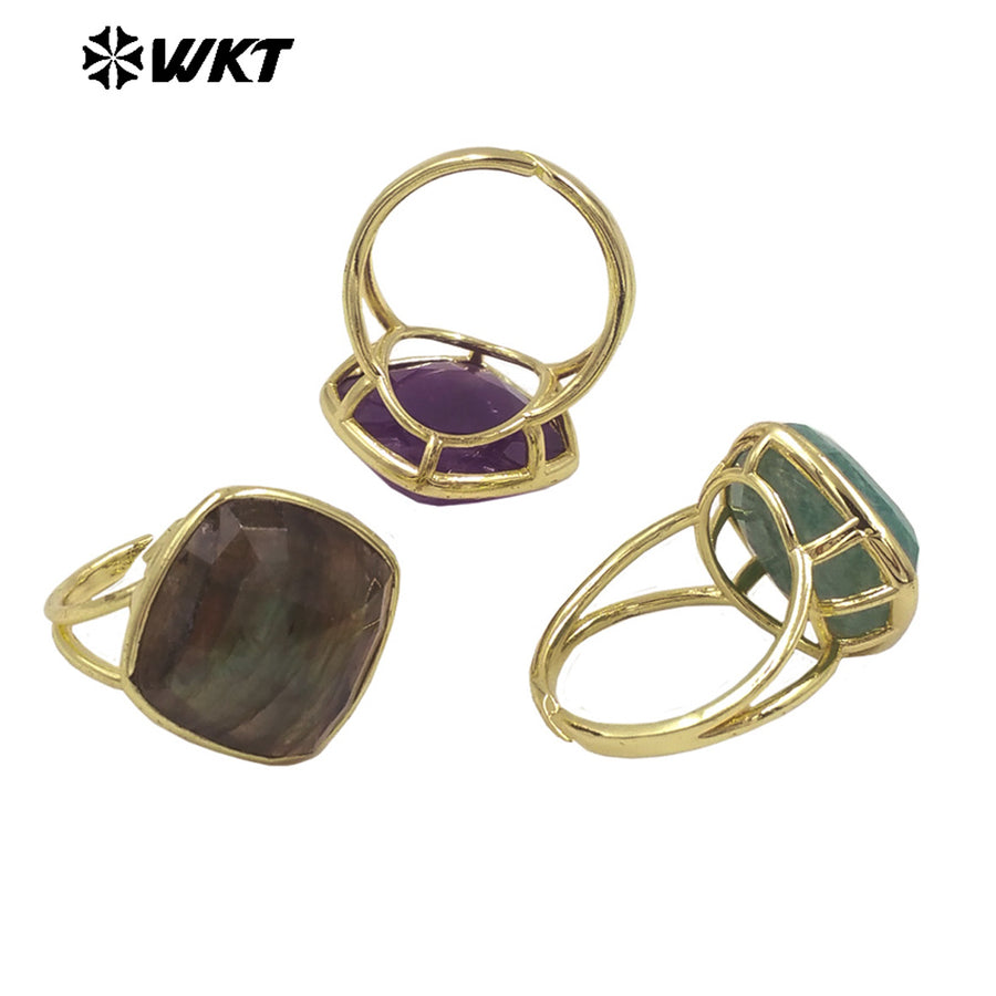 WT-R564 Wholesale Fashion Gold Plated Natural Stone Bezel Setting Square Amazonite Labradorite Gemstone Ring