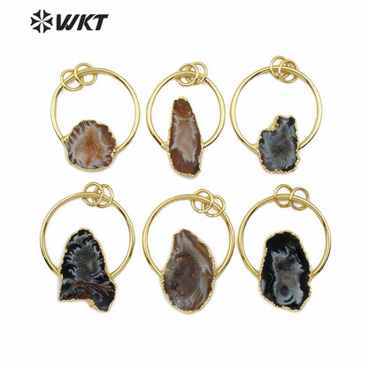 WT-P1455 Wholesale Natural Druzy Geode Agate Pendant with Golden Circle Women Necklace Ornaments Jewelry