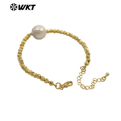 MPB128 Popular Simple Gold Plated Copper Beads With Single Big Natural Baroque Pearl Bracelet For Ladies Elegant Jewelry