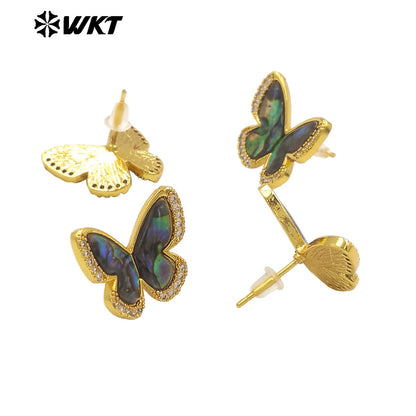 WT-ME110 Exquisite Vivid Butterfly Shape Tiny Zircon Paved Earring With Natural Abalone Shell for Girls Birthday Gifts
